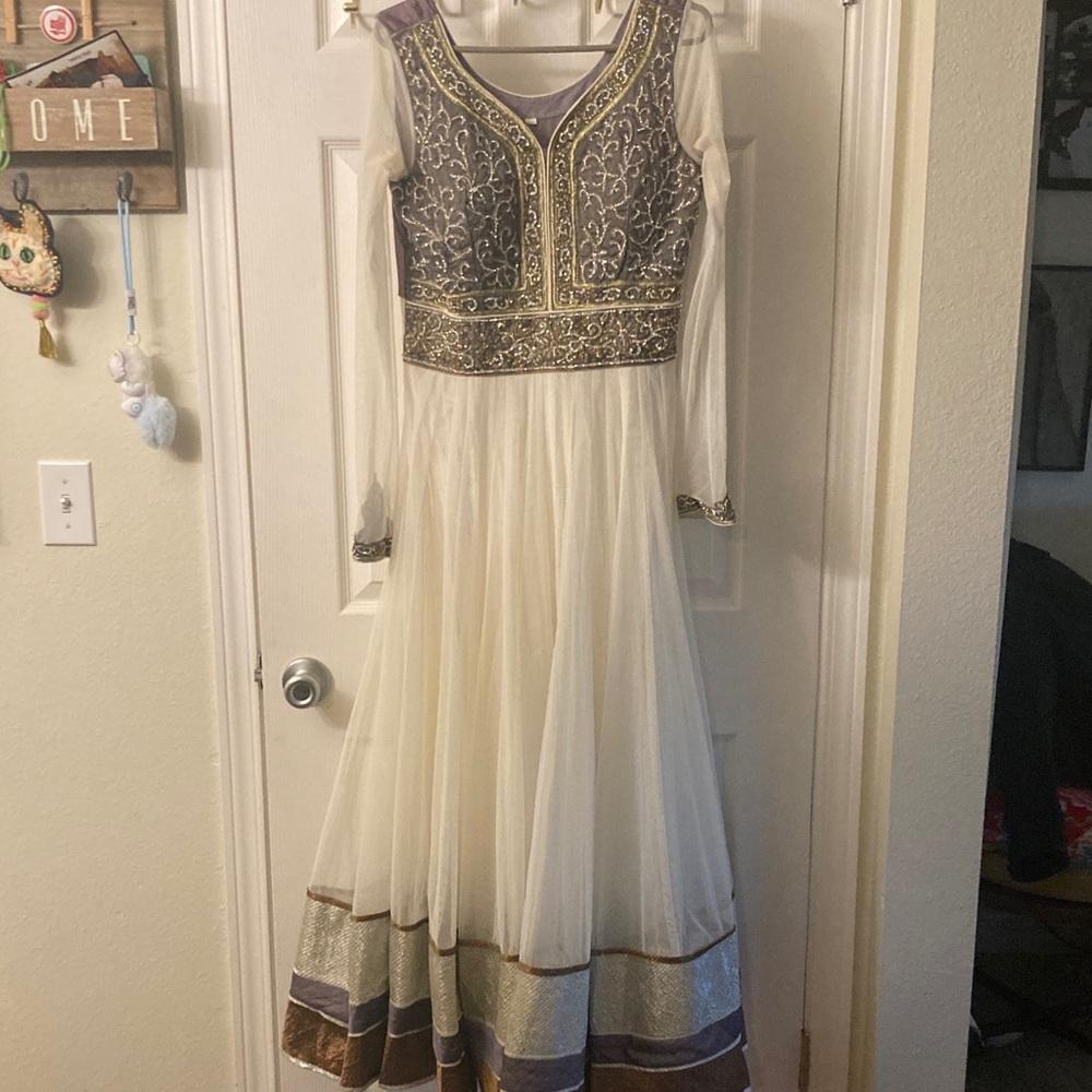 Cream and Gold Embroidered anarkali dress with beaded bodice